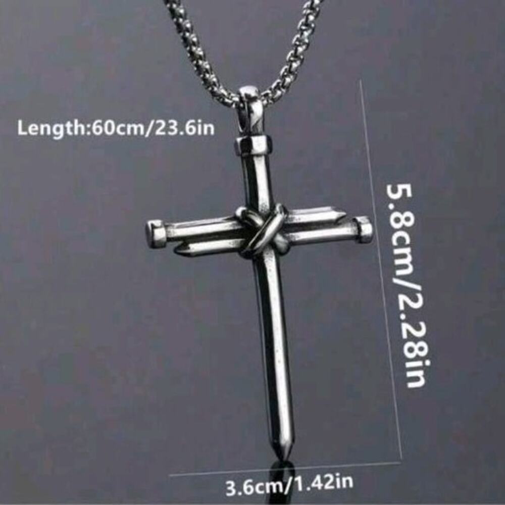 Men’s Silver Stainless Steel Nail Cross Necklace Statement Christian Faith Gift